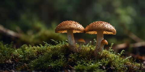 Fototapeta premium A couple of mushrooms sitting on top of a moss covered ground.