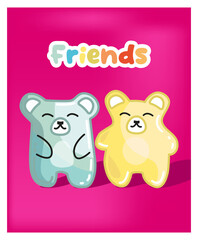 friends postcard with couple jelly bear friends vector illustration on pink vertical background. Cute design for print or poster banner.