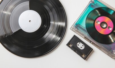 Obraz premium The mockup set includes blank vinyl, cassettes and CD disks, isolated from the background