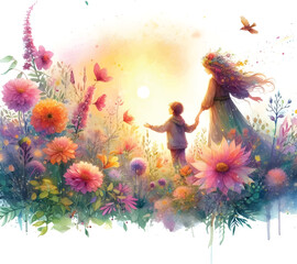 Obraz premium a painting of a woman holding a veil and a flower with a woman holding a broom. girl with flowers in hair. 