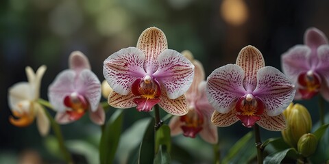 Close-up of colorful orchids with a soft bokeh background.