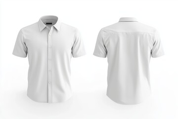 The front and back of a white short-sleeve button-down shirt mockup are blanks