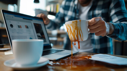 Office worker carelessly spills coffee on her laptop. Tired from working long hours, the employee spills coffee on the laptop.