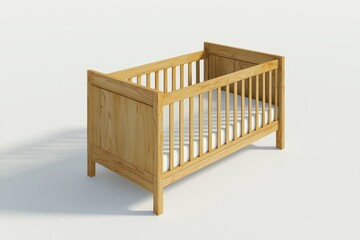A mockup of a white crib sheet on a blank wood cot, half-turned