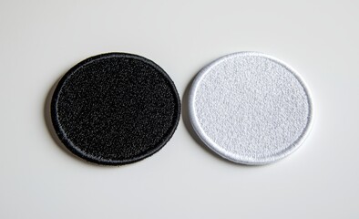 Black and white mockup pair of round embroidered patches
