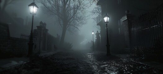 a dark street with a light post and a fence on it at night time