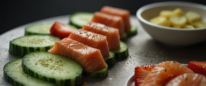 A plate of cucumber and salmon slices with a strawberry on the side.