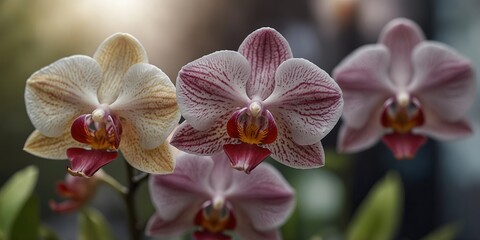 Close-up of colorful orchids with a soft bokeh background.