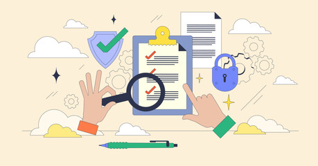 Security lifecycle review for protection checkup tiny neubrutalism concept. Company systems and database safety monitoring using cloud based software vector illustration. Cyberspace audit or analysis