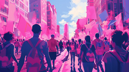 Obraz premium People wearing pink ribbons marching through vibrant street, breast cancer awareness 