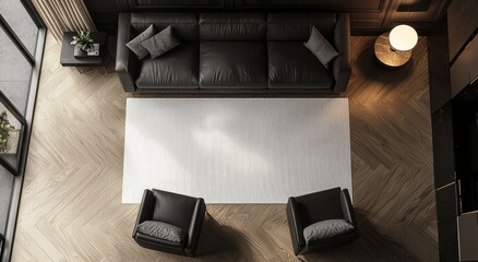 Fototapeta premium Room mockup, top view of blank white rectangular carpet