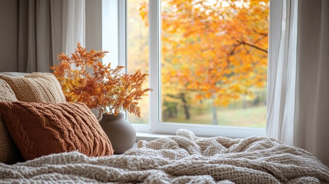 Bright bedroom with knit blankets and pillows, a vase of autumn leaves by the window, and vibrant fall colors outside.