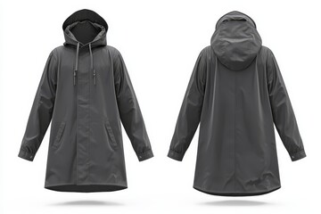 A mockup of a black protective raincoat, front and back