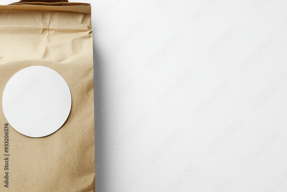 Poster an example of a blank craft rectangle paper bag with stickers, shown from the top