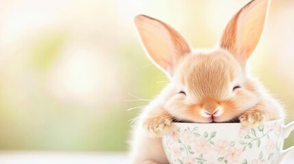 Sleeping bunny in a floral teacup with warm bokeh lights in the background. Cozy and dreamy holiday setting.