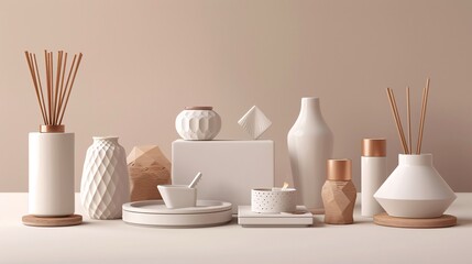 Modern product styling of stylish home accessories on a clean background, depicted in ultra-sharp and clear 3D shading