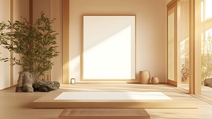 Minimalist Japanese inspired White Frame Mockup Set in a Calming Zen like Home Interior with Natural Materials and Elegant Simple Accents