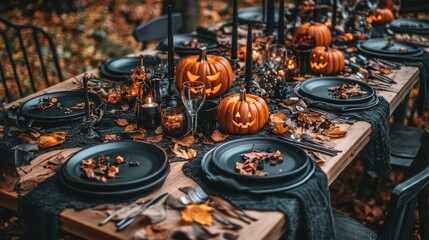 Halloween-themed outdoor dinner table with carved pumpkins, candles, and autumn leaves, creating a spooky and cozy atmosphere at dusk.