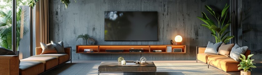 Obraz premium Modern luxury living room interior with a marble wall and large TV screen.