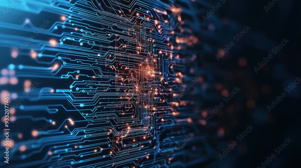 Wall mural futuristic digital brain visualization with glowing circuits on deep blue background