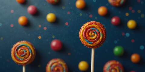 Colorful candy lollipop with sprinkles and floating candies on blue background.