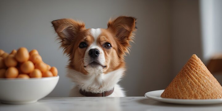 One cute dog weonering one ponerty honet sits in front of one slice of coneke.
