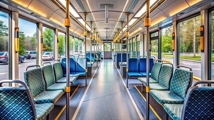 Fototapeta premium Sparkling clean modern bus or tram interior with shiny floors and spotless seats waiting for commuters in a well-maintained public transportation system.