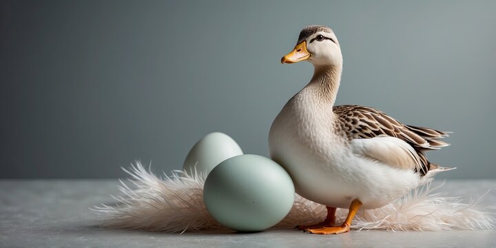 A duck egg surrounded by soft feathers, positioned on the right side of a clean, soft-colored background.