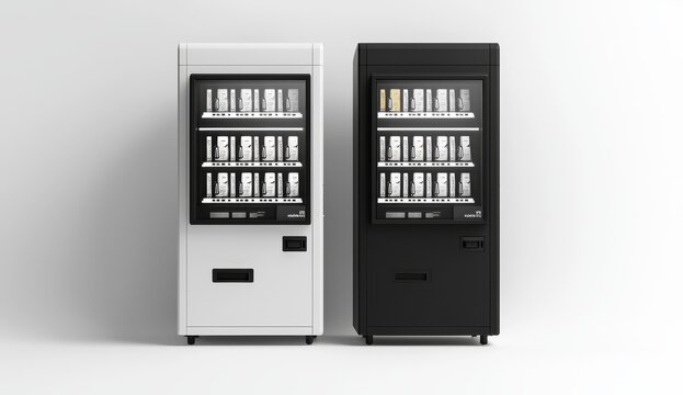 The mockup shows a black and white coffee vending machine from the side