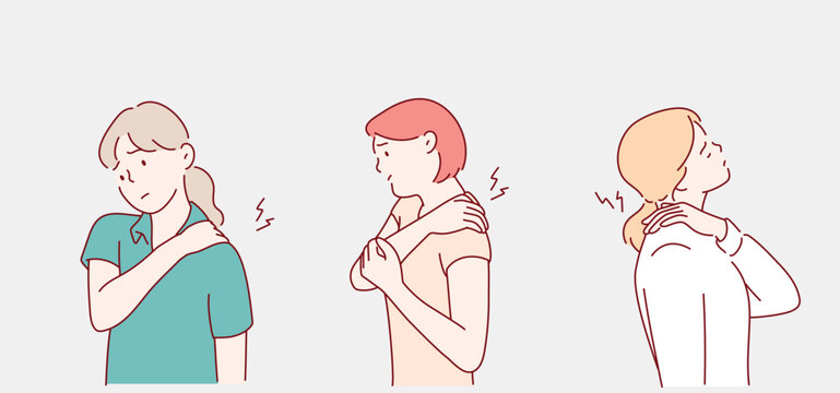 healthcare and problem concept- unhappy woman suffering from neck pain at home. Hand drawn style vector design illustrations.