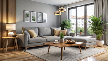 Modern living room setup with sleek gray sofa, coffee table, and minimalist decor, ready for rental or staging in a stylish and cozy atmosphere.
