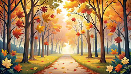 Simple flat vector illustration as Autumn park with colorful foliage concept as A vibrant autumn park with colorful foliage under a clear sky providing a festive and clean background for business pres