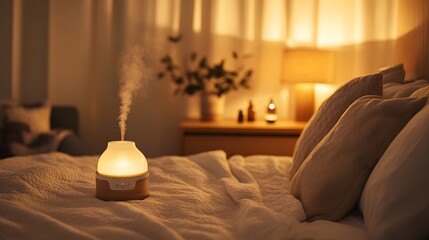 A bedroom with a relaxing essential oil diffuser, plush bedding, warm ambient light, holistic style, natural elements, peaceful and inviting vibe, calm mood