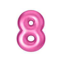 Pink metallic number 8. Foil and latex balloon number eight in 3d style. Realistic design elements isolated on white background. Vector illustration