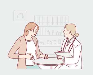 A woman expecting a baby visits the doctors office, examination during pregnancy. A pregnant woman is talking to an obstetrician gynecologist. Hand drawn style vector design illustrations.