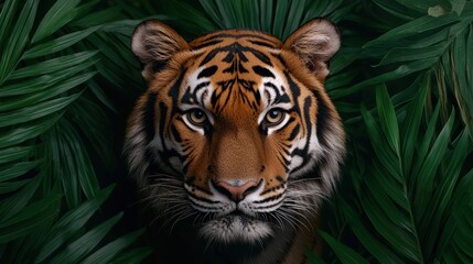 Fototapeta premium Majestic Tiger with Diamond Eyes Roaming in Lush Jungle - 8K High Detail Image with Copy Space for Text