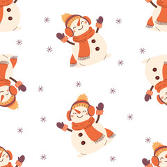 Seamless vector pattern in children's style for New Year holidays. Cute snowman in winter hat and mittens, snowflakes. Vector illustration