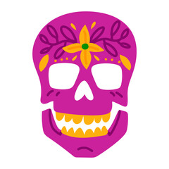 A Mexican painted skull for the Day of the Dead holiday. A skull with drawings of flowers. A cute flat vector illustration is isolated on white. Mexican style and theme, holiday, event, traditions