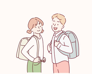 Little school children stand holding books with backpacks. Hand drawn style vector design illustrations.
