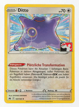 Hamburg, Germany - 06192024: photo of the German pokemon paper trading gamecard called ditto from the prize pack series 3 on white back. transformation pokemon.