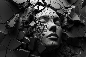 Fragmented Abstract Portrait of a Woman's Face in Bold Black and White High-Contrast Design.