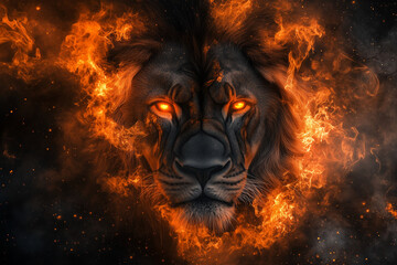 fire lion portrait, dark background, perfect as wallpaper.