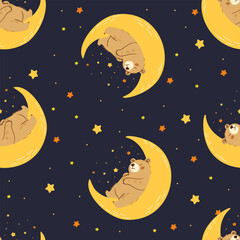 Seamless vector pattern in child style on dark background. Cute bear cub sleeping on the moon, night and stars all around . Vector illustration