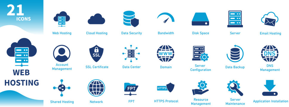 Web hosting icon. Set of icons on the theme of information technology, computers, internet, cloud storage, cyber security. Solid vector icons.