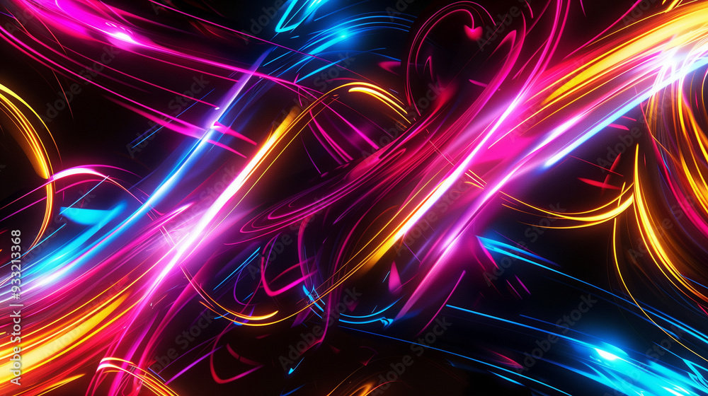 Wall mural vibrant neon light trails in an energetic and dynamic abstract pattern on black background.