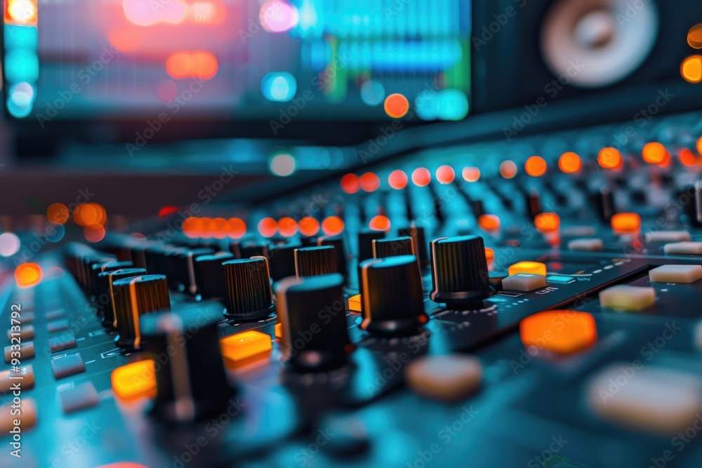Poster a close-up shot of a sound board in a professional recording studio