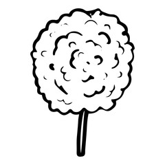 Cotton candy hand drawn doodle. Sugar dessert on a stick. Street food. Sweet snack. Culinary product. Airy caramel. Vector sketch line art illustration.