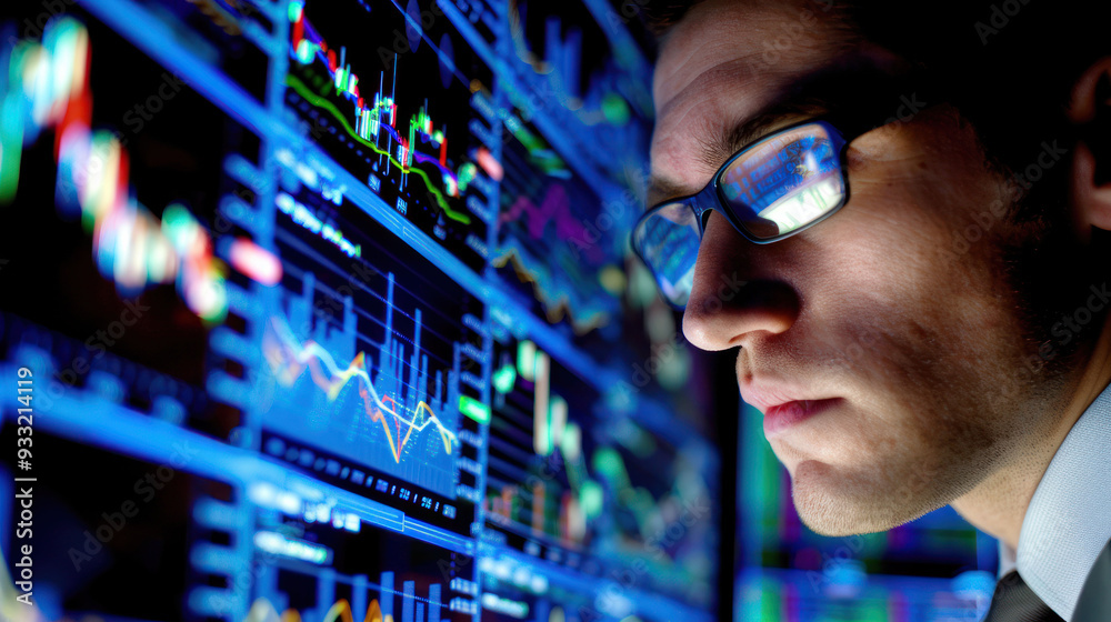 Poster focused man analyzing financial data on screens, displaying concentration and determination.