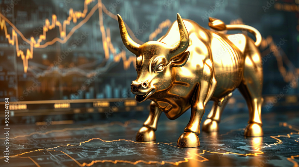 Poster golden bull statue symbolizing market growth and optimism, set against backdrop of financial graphs 