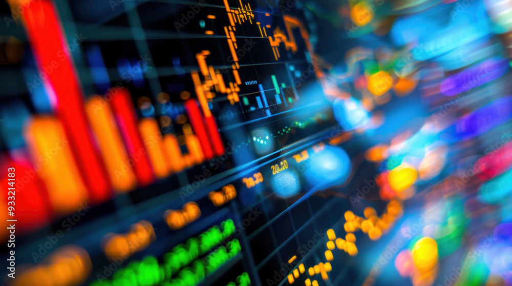 Poster Dynamic stock market data visualization with vibrant colors and fluctuating graphs conveys sense of urgency and excitement. 